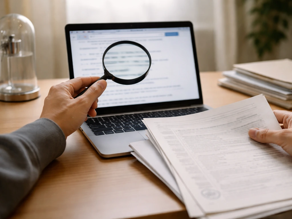 Person reviewing web pages and probate-style documents on a laptop, comparing sources for a net worth claim.