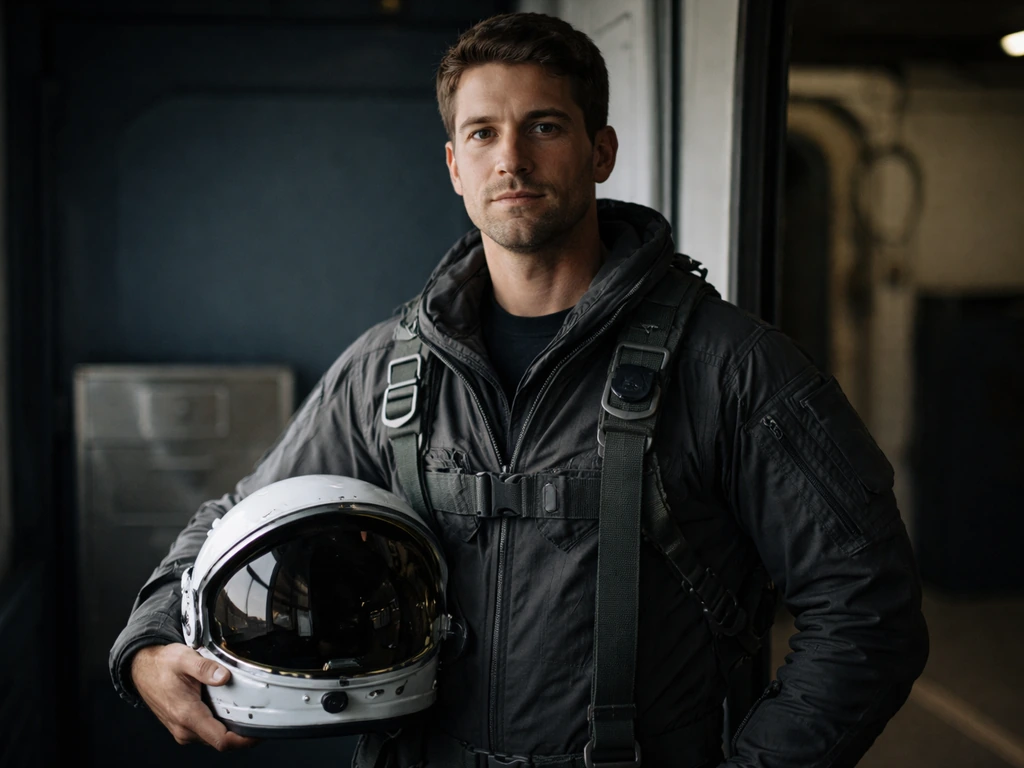 Astronaut in a modern spaceflight-themed setting with subtle U.S. Navy cues, suit helmet under arm