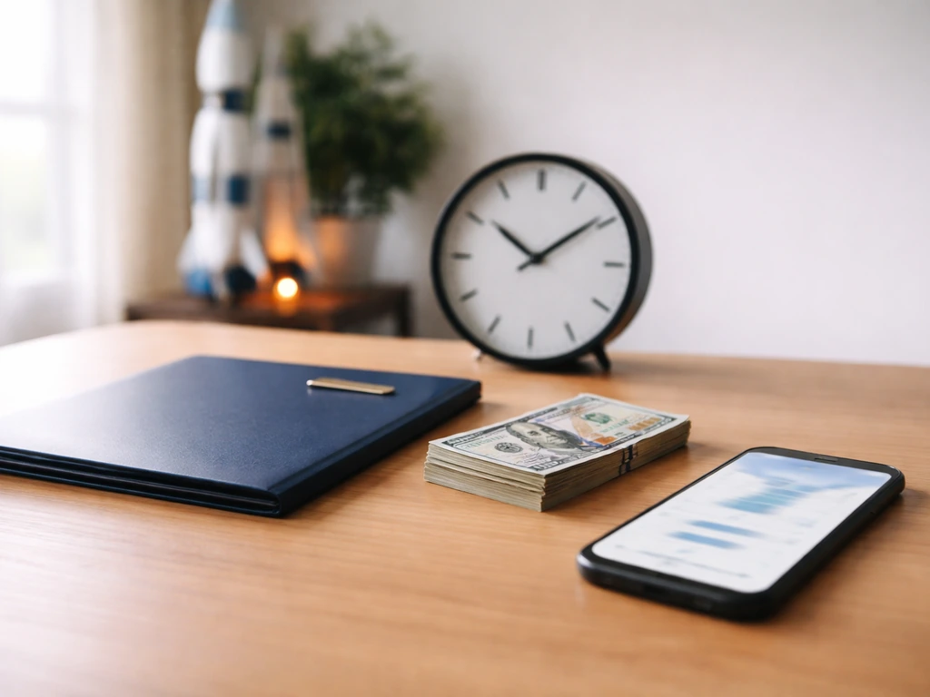 Minimal desk scene with money, a folder, and an analog clock suggesting a net-worth methodology timeline.