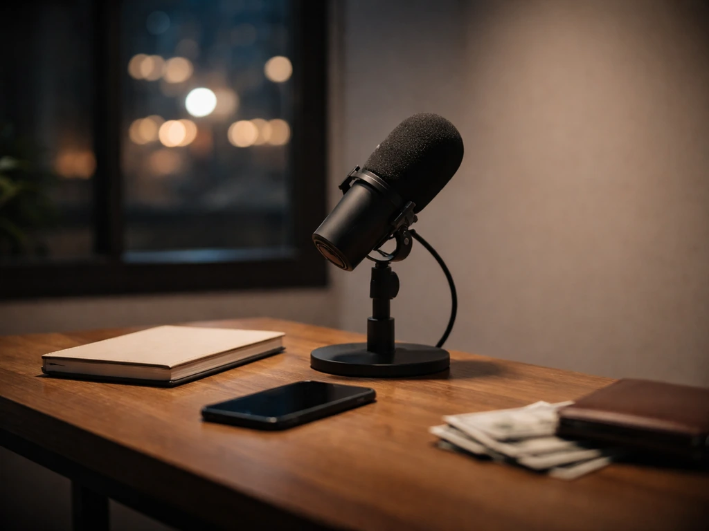 Minimal photo of a studio desk with a microphone and a blurred wall of city lights symbolizing media and money estimates