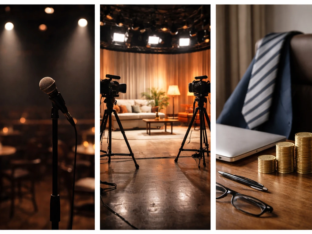 Minimal collage-style image showing comedy stage lights, a TV studio scene, and abstract wealth icons.