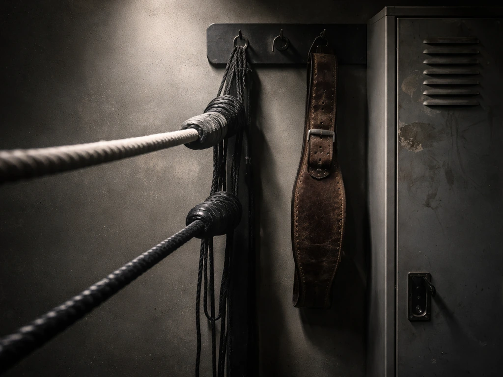 Worn wrestling ring rope and leather gear in a muted locker-room setting, no people present