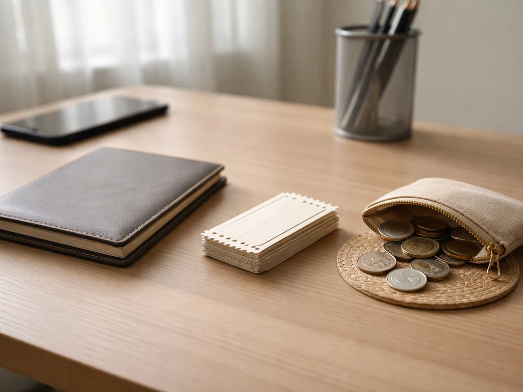 Minimal desk scene with a contract folder, blank tickets, and a coin pouch suggesting income components.