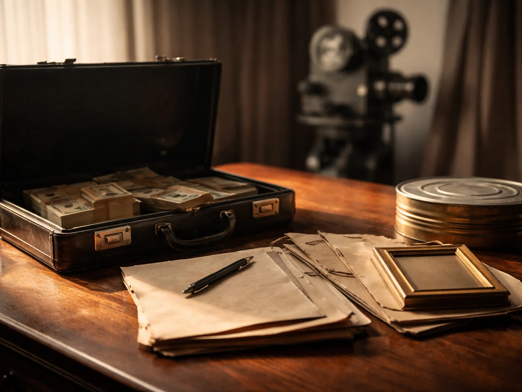 Vintage desk scene with an open briefcase, documents, and film studio props suggesting late-life finances.