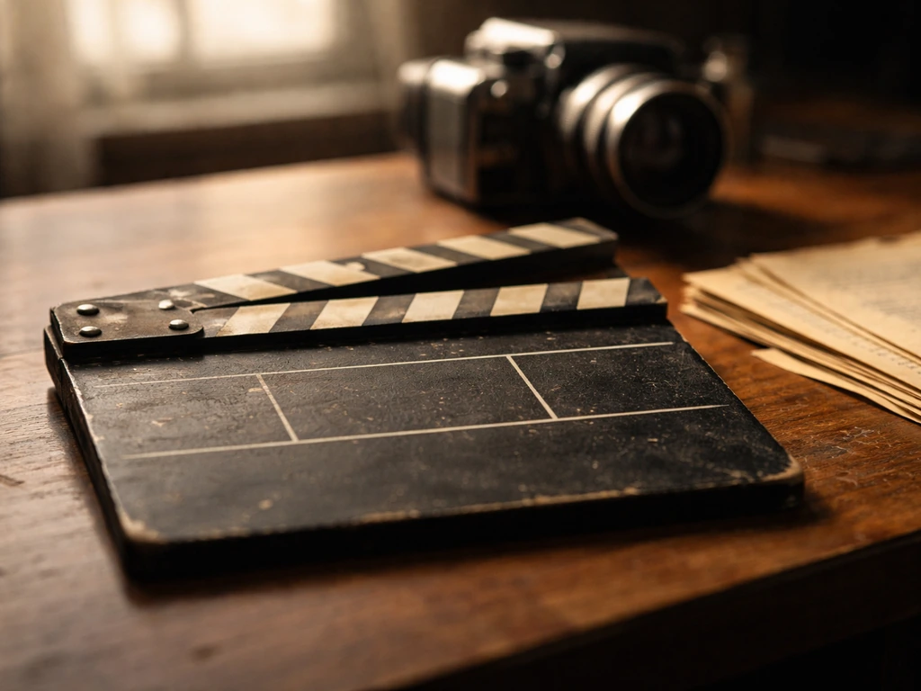 Vintage film clapperboard and old call sheets on a wooden desk, evoking TV/film residuals.