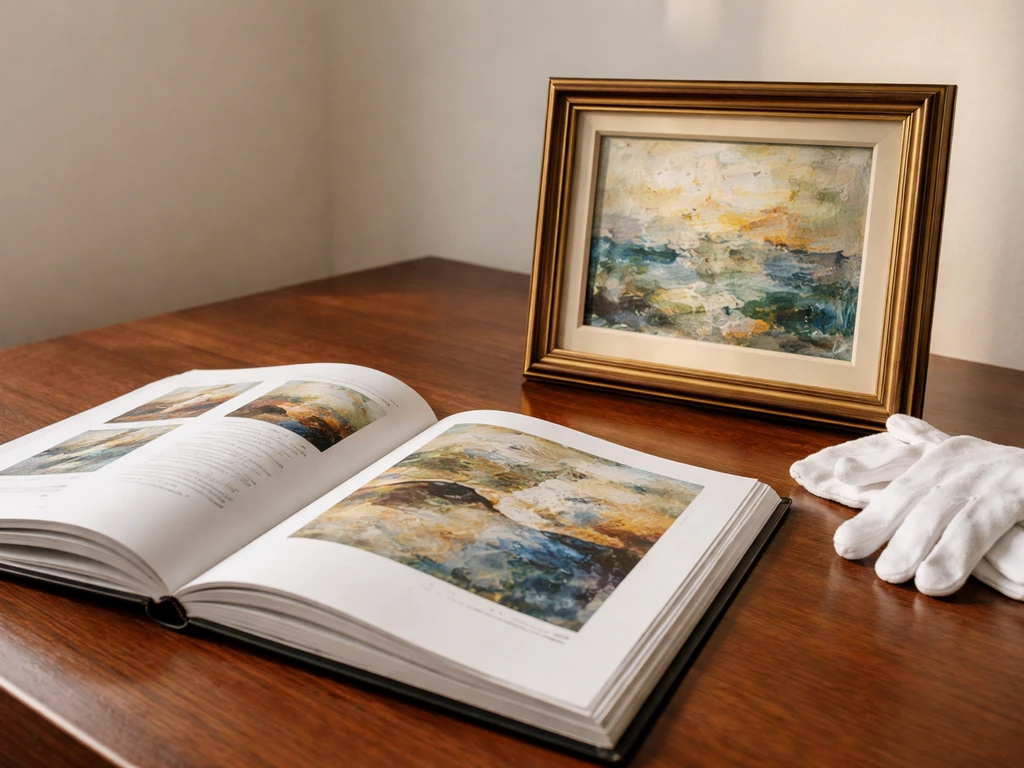 Gloved hands beside an open art catalog and a framed painting on a wooden table