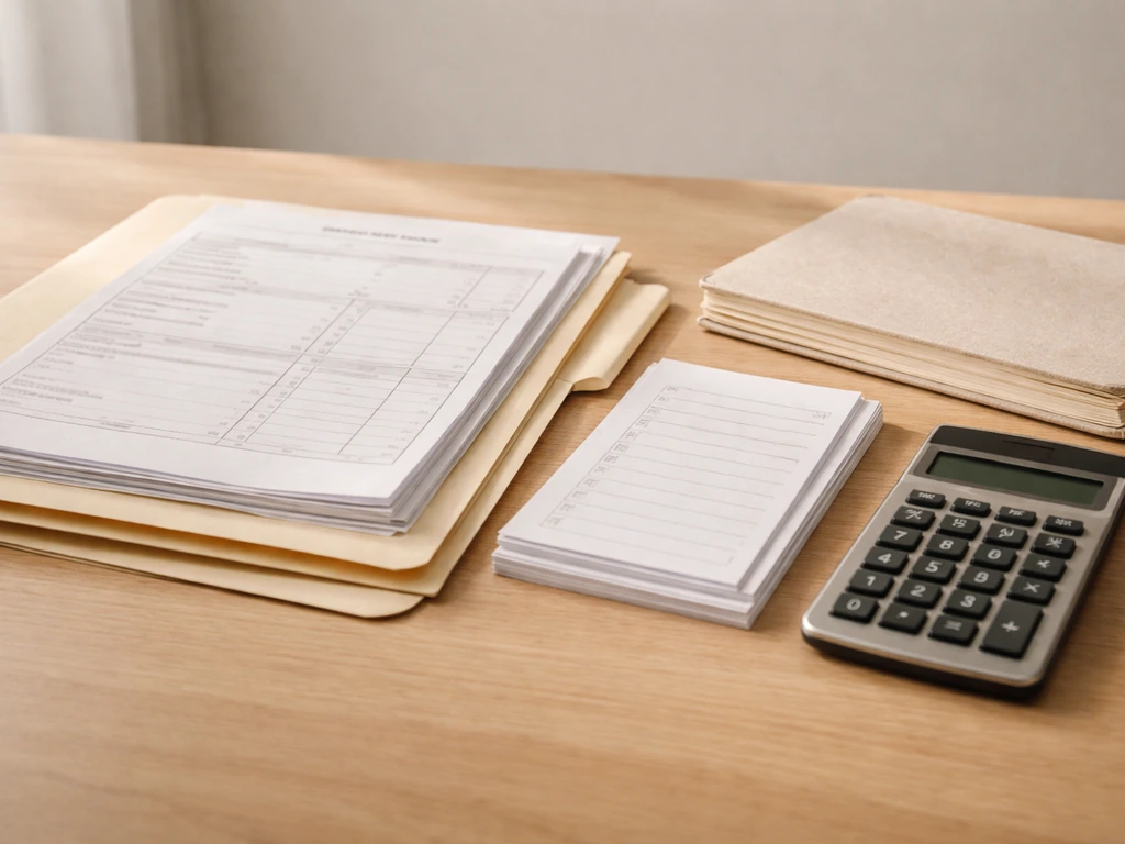 Minimal close-up of an open folder with tax forms and a calculator beside a ledger, symbolizing estate costs