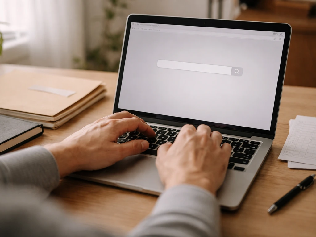 Close-up of hands using a laptop to search California probate records, with a simple paper file beside it