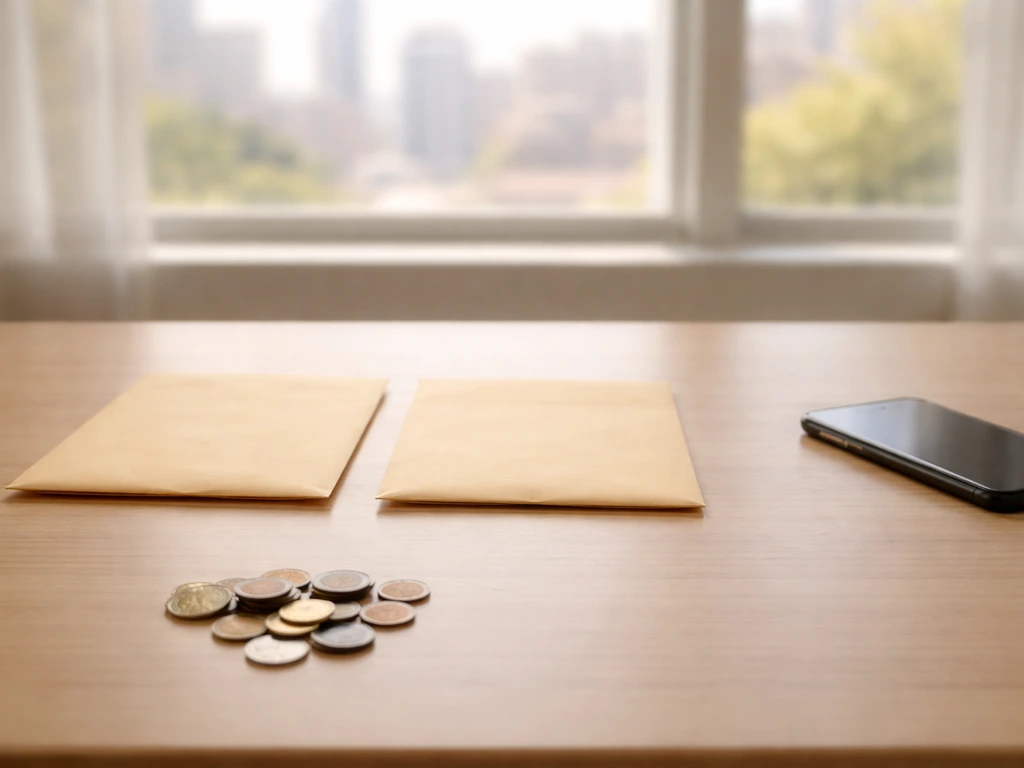Minimal photo of a desk with two envelopes, coins, and a blurred city skyline suggesting net worth estimate sources.