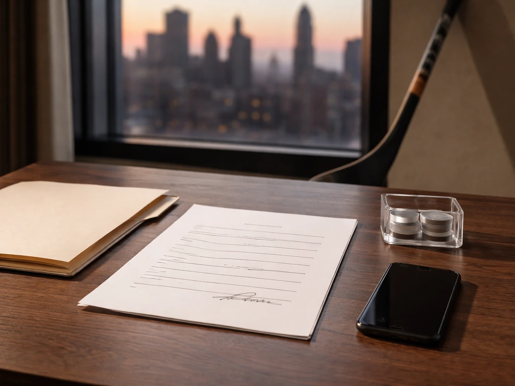 Anonymous business desk scene with a hockey-themed contract folder, suggesting NHL salary and contract value