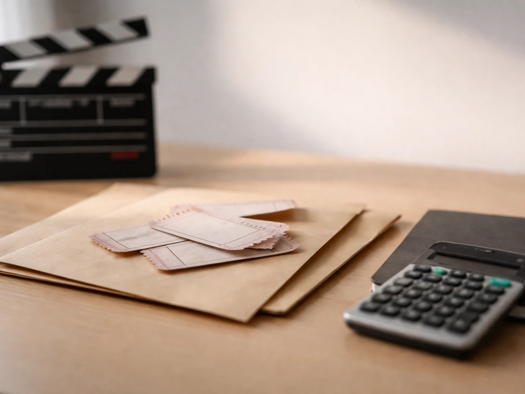Minimal desk scene with movie-themed clapperboard and envelopes beside a calculator, symbolizing box office inputs.