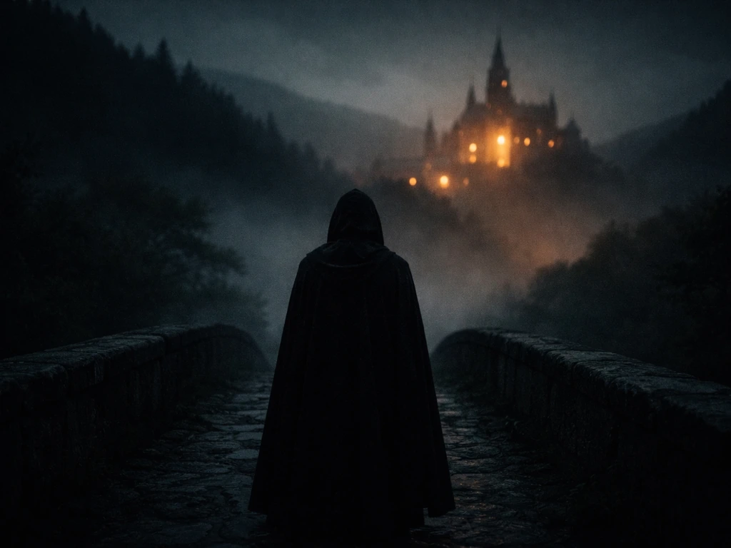 Cinematic night scene of a lone traveler silhouetted on a stone bridge with distant glowing fortress lights