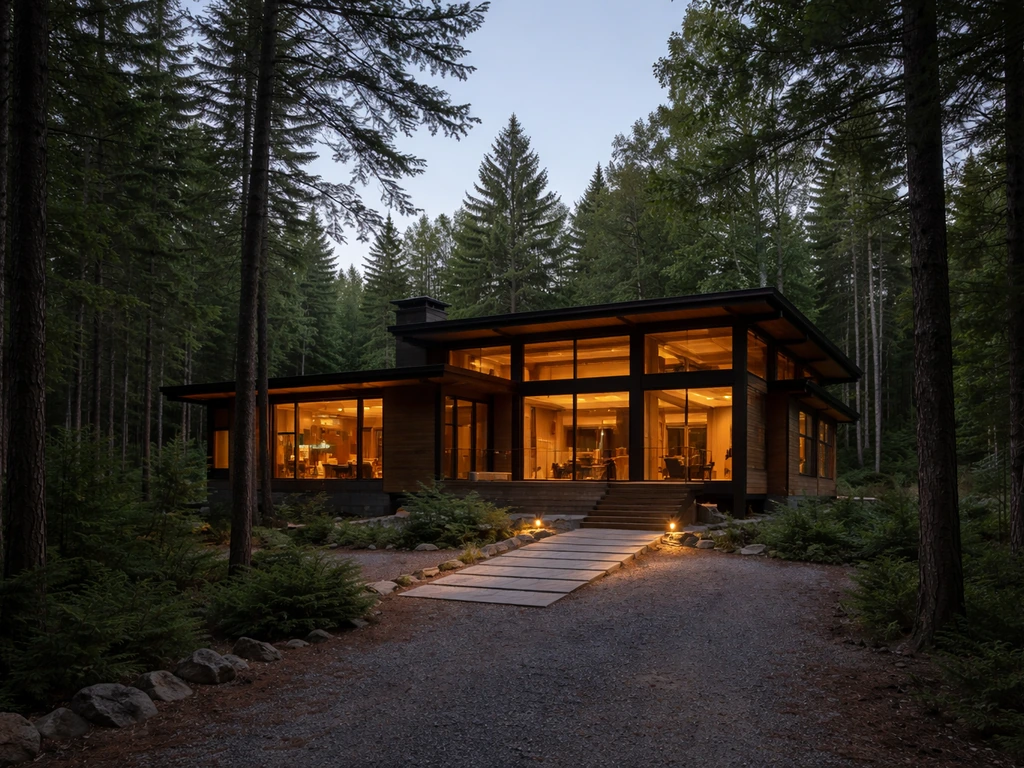 A secluded modern home exterior with warm light, suggesting off-grid luxury and real estate value