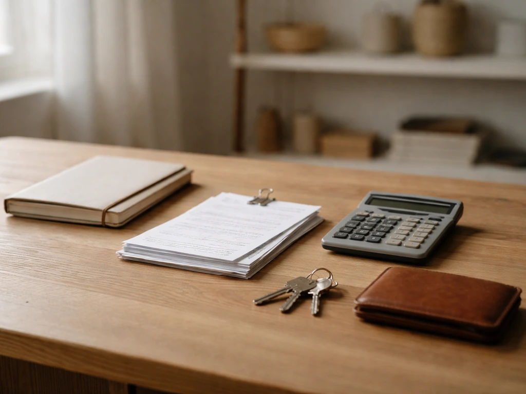 A small studio desk with scattered invoices, a calculator, and keys beside a notebook, symbolizing valuation signals.