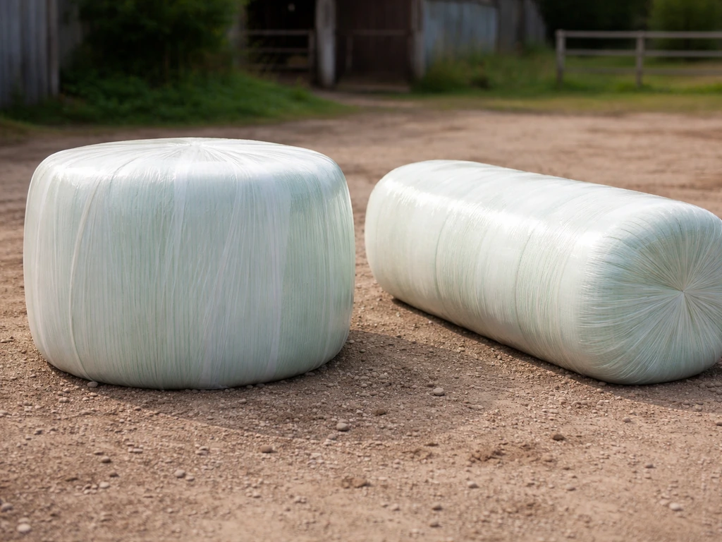 Deux bottes d’herbe enrubannées côte à côte : une botte ronde et une botte cylindrique allongée.