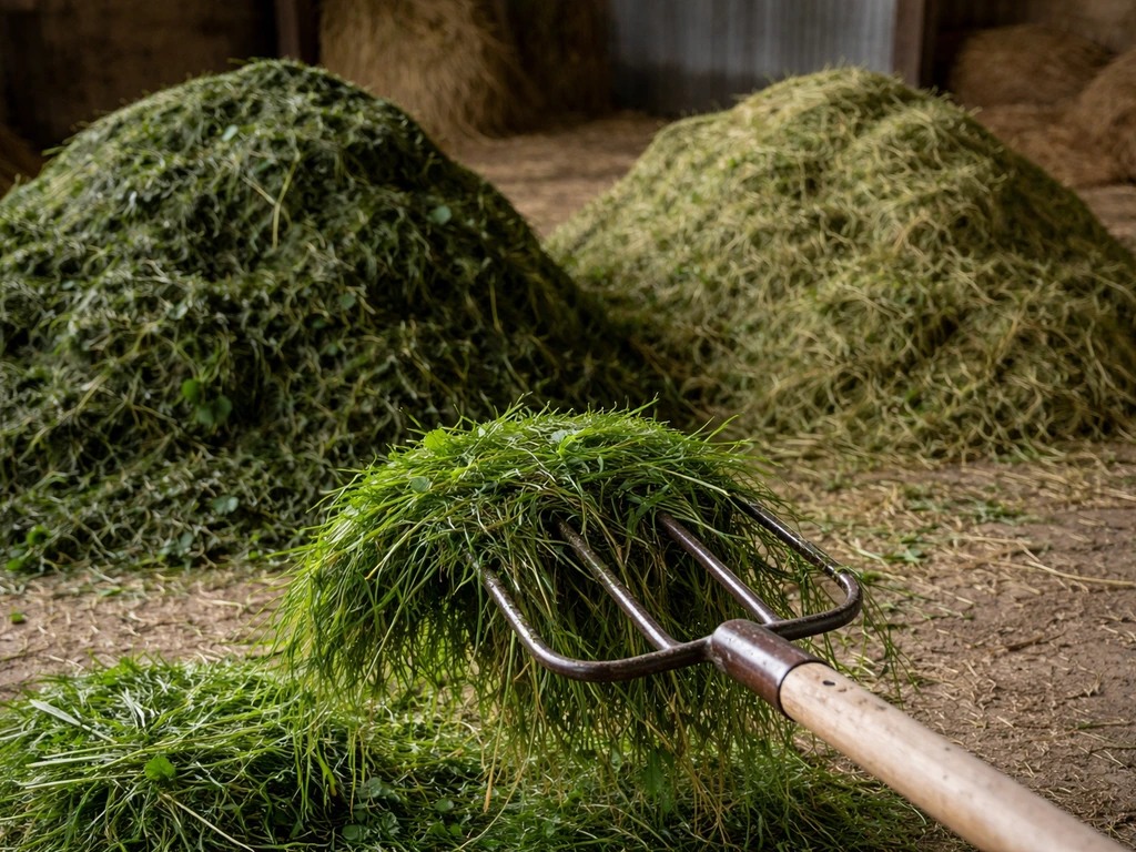 Herbe fraîche en pressage montrant deux tas, plus sombre et humide vs plus clair et moins humide.