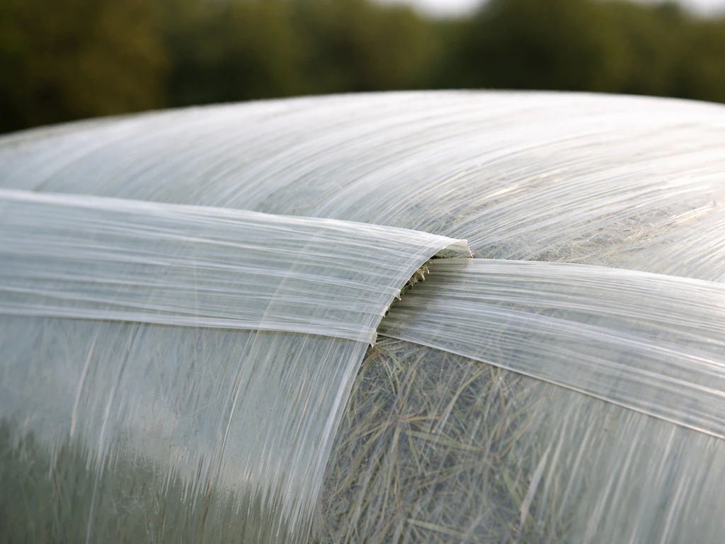 Film plastique d’enrubannage en couches superposées, avec une zone de coupe visible et l’enroulement
