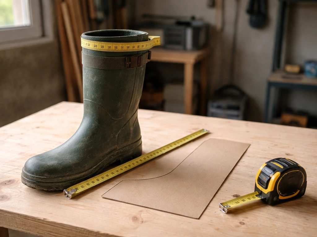 Bottes de chasse au sol près d’un mètre ruban et d’un gabarit, illustrant une estimation par mesures et volume