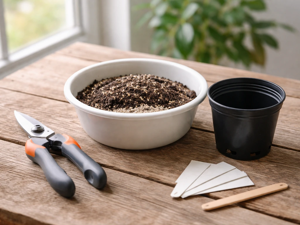 Sécateur, petits pots percés et substrat terreau+sable sur table, prêts pour bouturer l’herbe à curry.