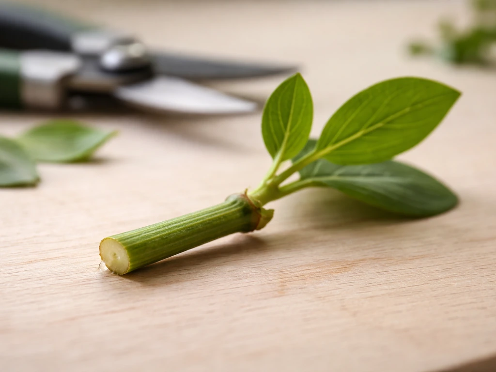 Gros plan d’une bouture de plante avec coupe nette juste sous un nœud et feuilles retirées.
