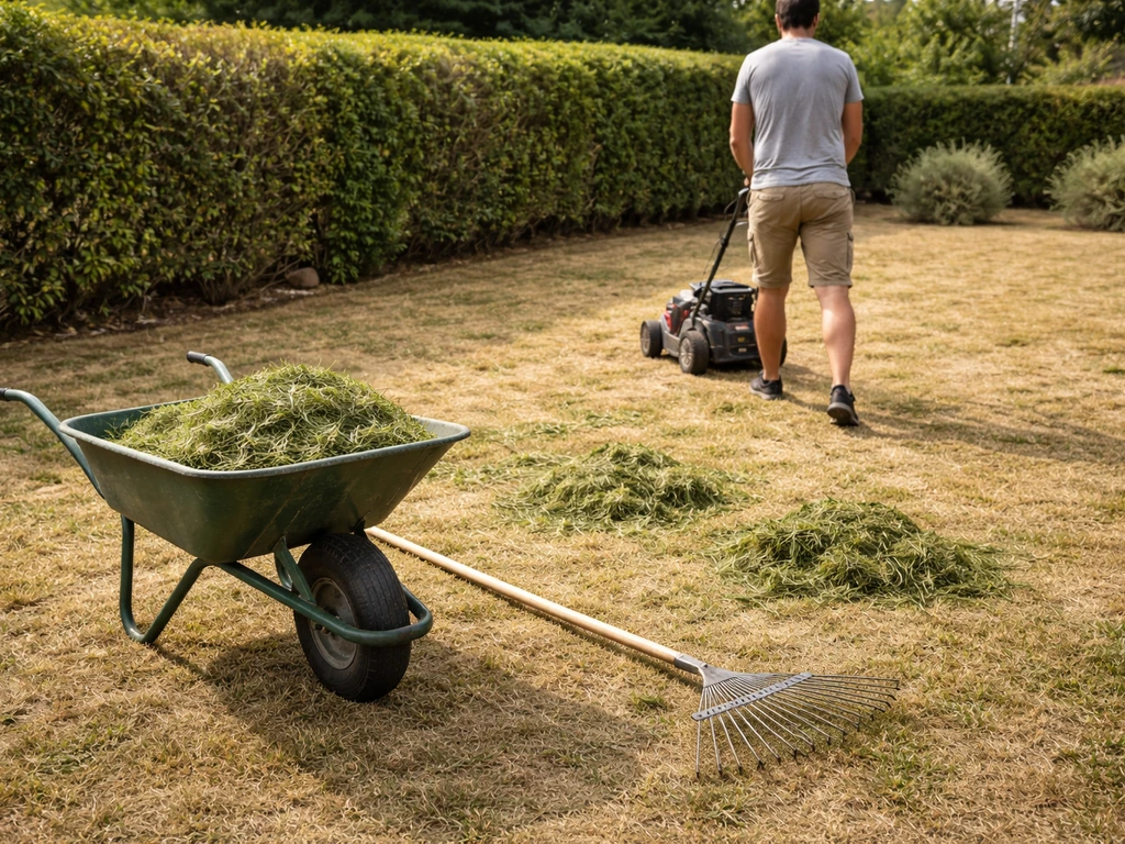 Tonte sur herbe sèche : rognures regroupées rapidement avec râteau et brouette, pour éviter les paquets