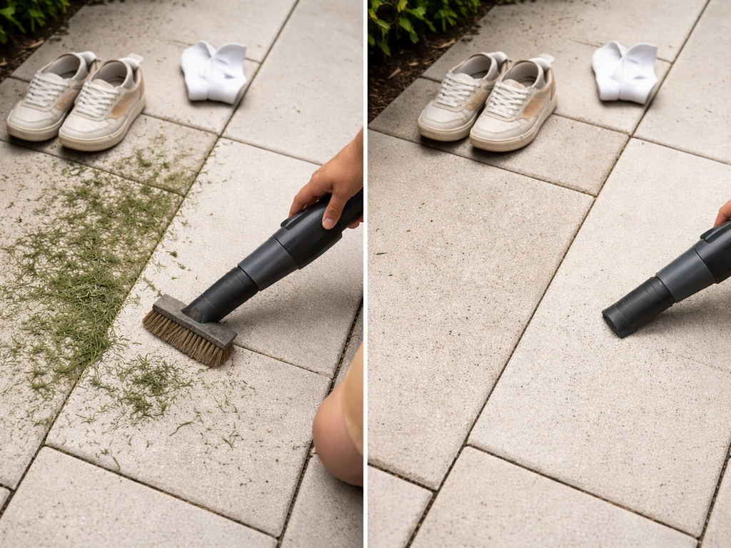 Après la tonte : chaussures et chaussettes sur une terrasse, en train de brosser pour enlever les traces d’herbe.