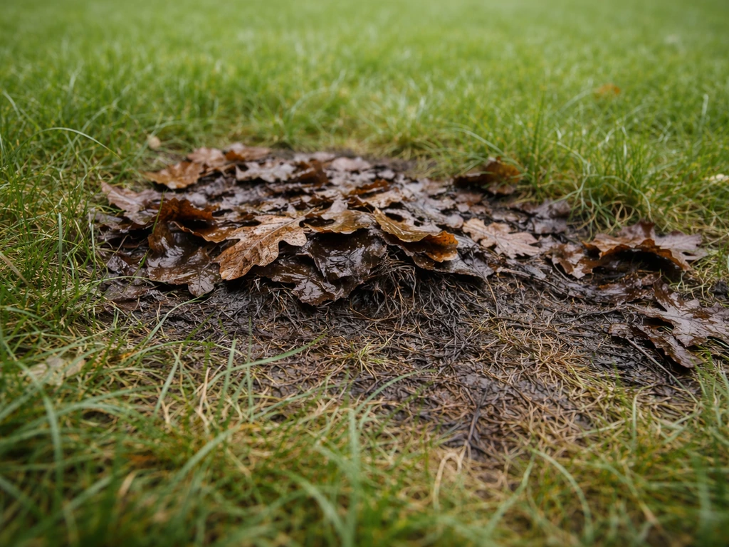 Gros plan sur une zone de pelouse assombrie par feuilles mortes humides et feutrage qui étouffe l’herbe.