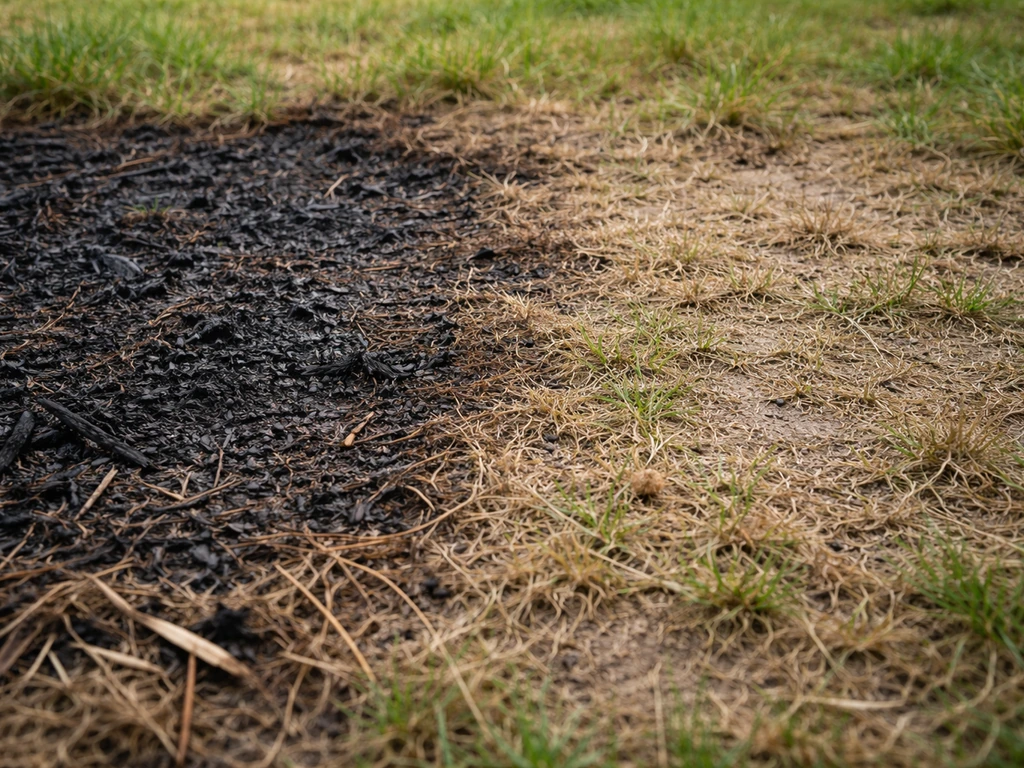 Deux zones de jardin au sol : herbe carbonisée à gauche et décoloration limitée à droite.