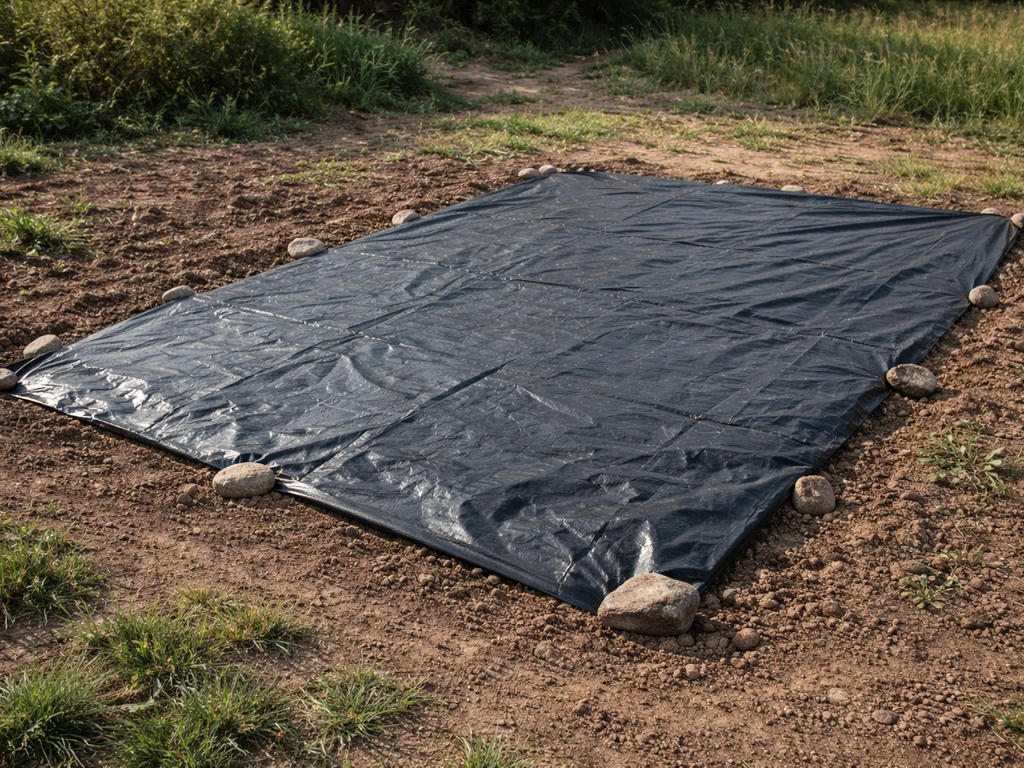 Zone de jardin couverte d’une bâche noire opaque bien tendue pour stopper la repousse.