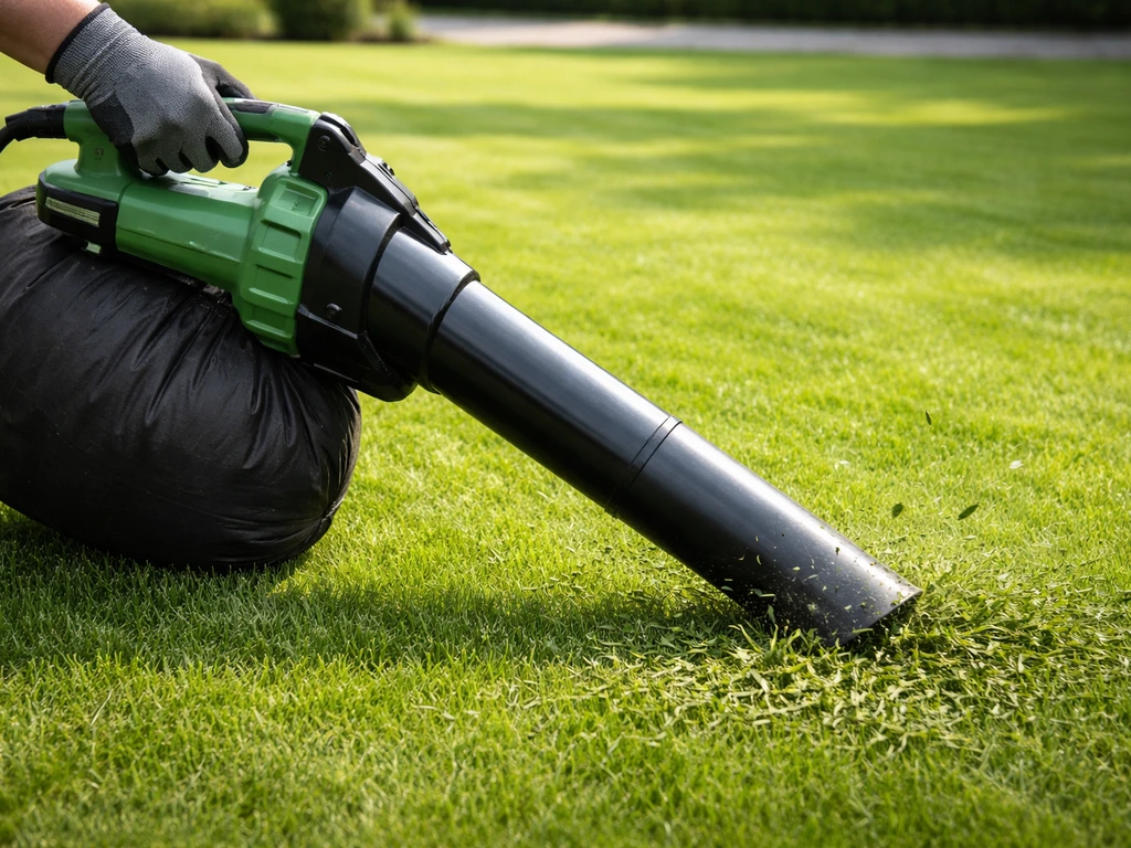 Souffleur-aspirateur de jardin aspirant des résidus d’herbe sur une grande pelouse, sac de collecte visible.