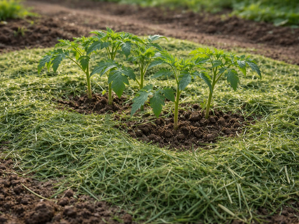 Herbe fraîche étalée en paillage fin autour de jeunes plants, sol visible au pied.