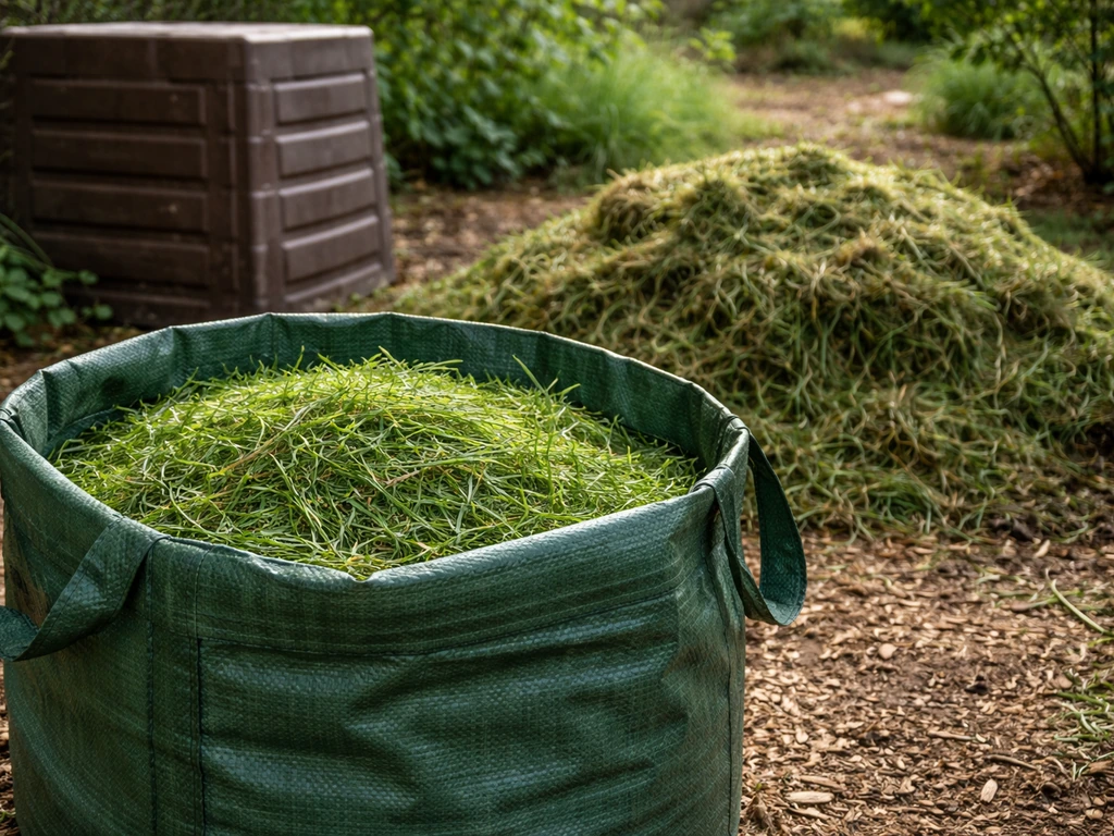 Tas d’herbe fraîche trié près d’un composteur, avec un sac ouvert au premier plan dans un jardin.