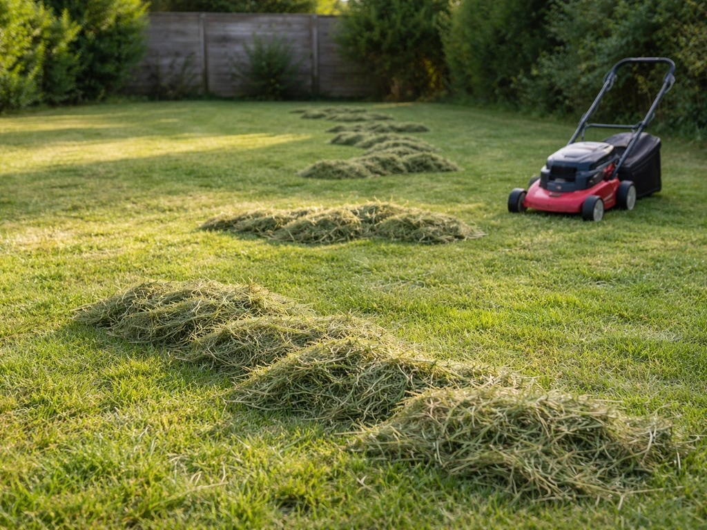 Jardin après tonte : herbe trop longue en andains et paquets au sol, montrant la nécessité de ramasser.
