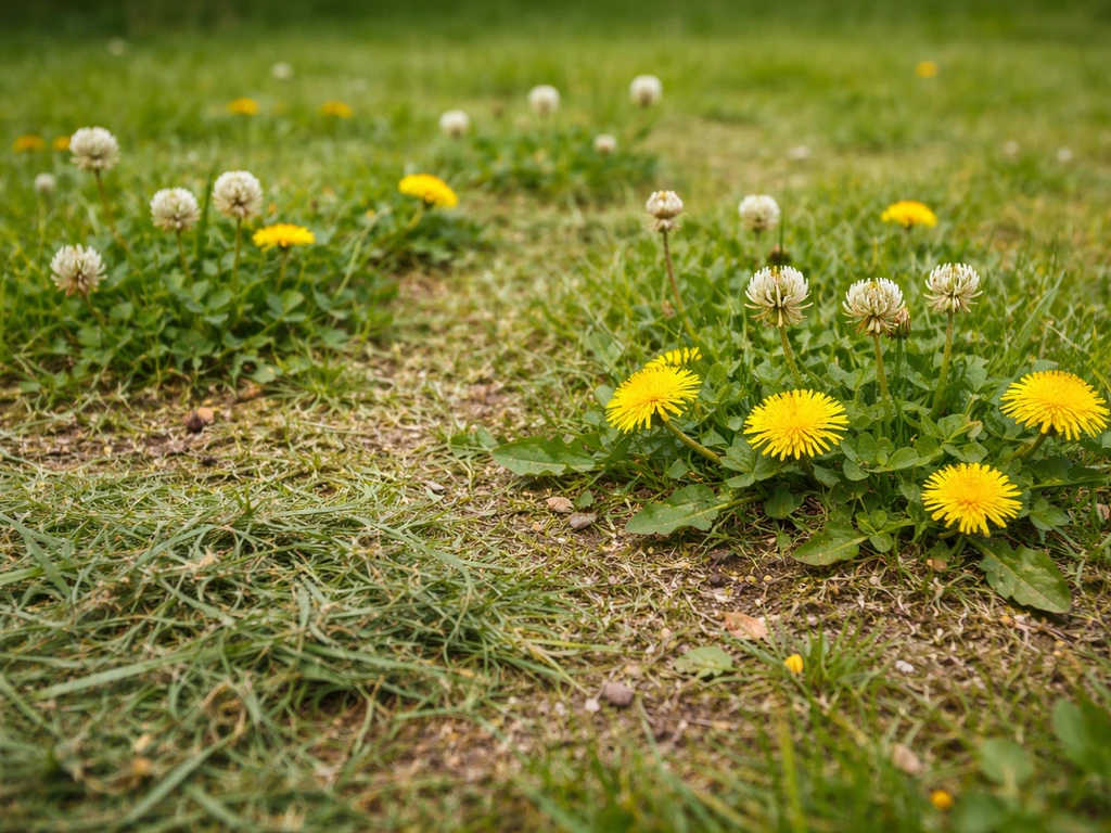 Pelouse envahie de pissenlits et trèfle, herbe coupée laissée au sol autour des graines.