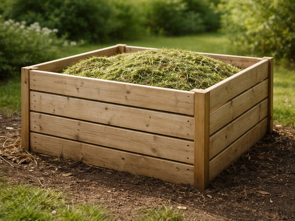 Composteur en bois rempli de tontes d’herbe prêtes à se décomposer, jardin discret et naturel.