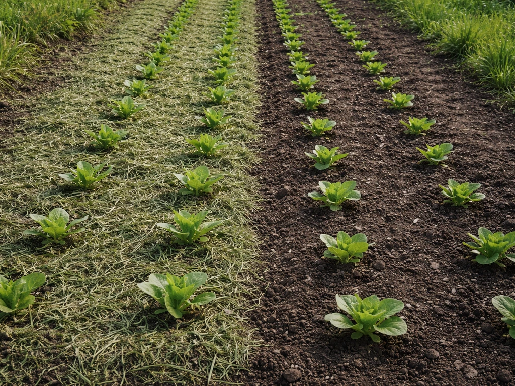 Planche de potager : herbe coupée laissée en fine couche à côté d’une zone où elle a été ramassée.