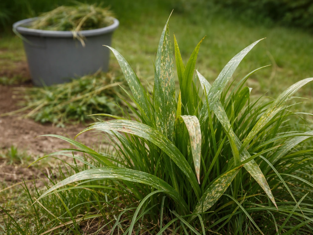 Gros plan de feuilles d’herbe tachées, avec un bac de déchets au sol pour éviter paillis ou compost