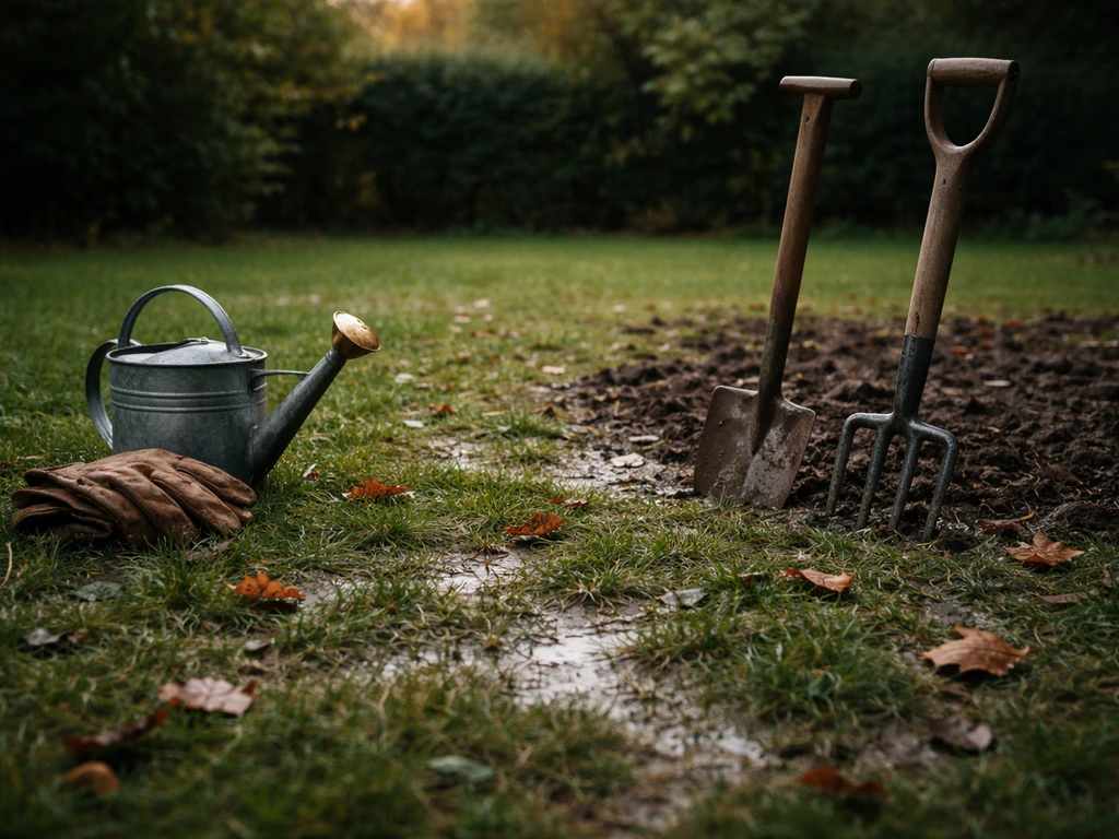 Au jardin en automne : pelouse humide et outils de jardin, prête à être retournée pour créer un potager.