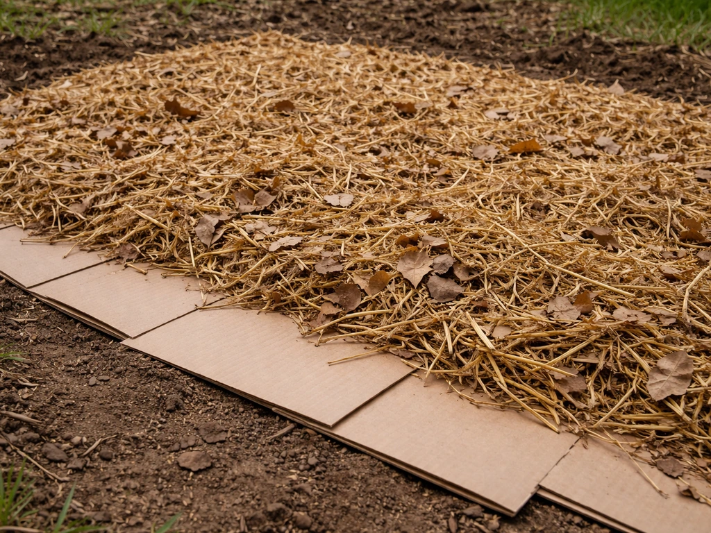 Cartons superposés à plat sur une parcelle de jardin, recouverts de paillage pour empêcher la repousse de l’herbe.