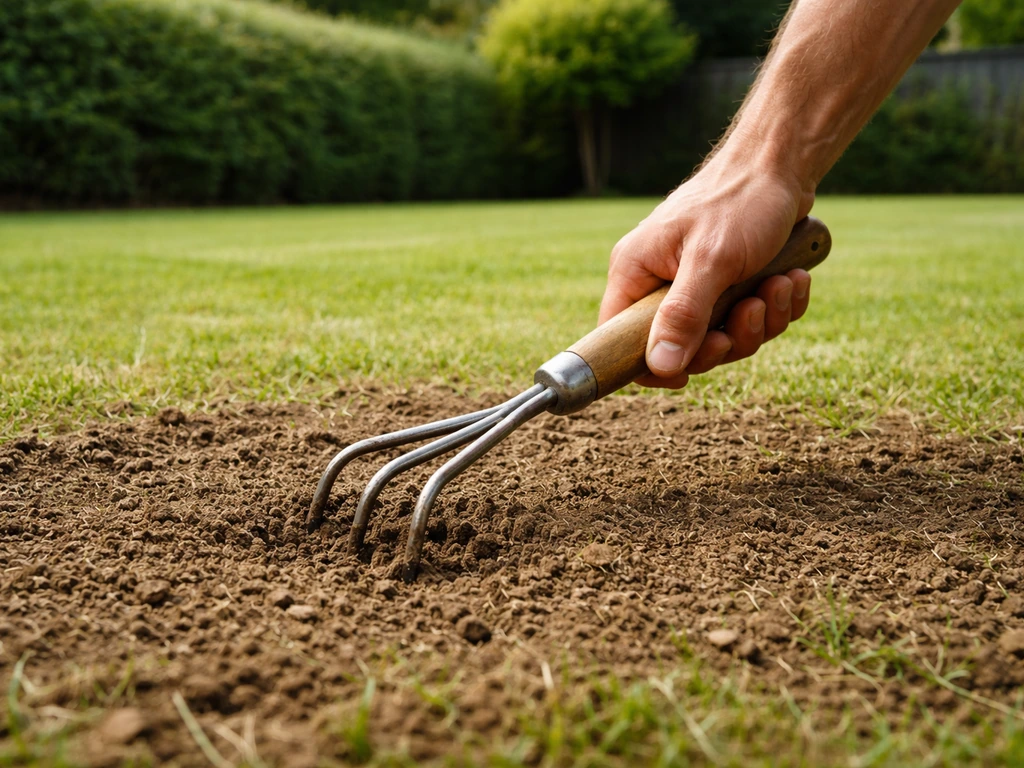 Pelouse tondue très court avec une griffe de jardin utilisée pour ameublir le sol avant la suite