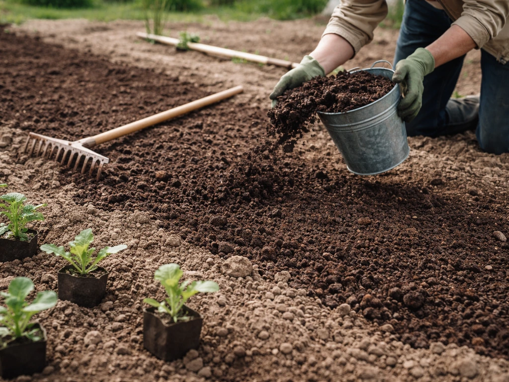 Sol retourné avec compost mûr étalé au râteau et premiers jeunes plants prêts à être mis en terre.