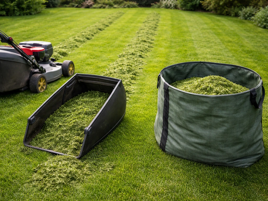 Andains d’herbe ramassée sur la pelouse, près d’un bac/sac de collecte après la tonte.