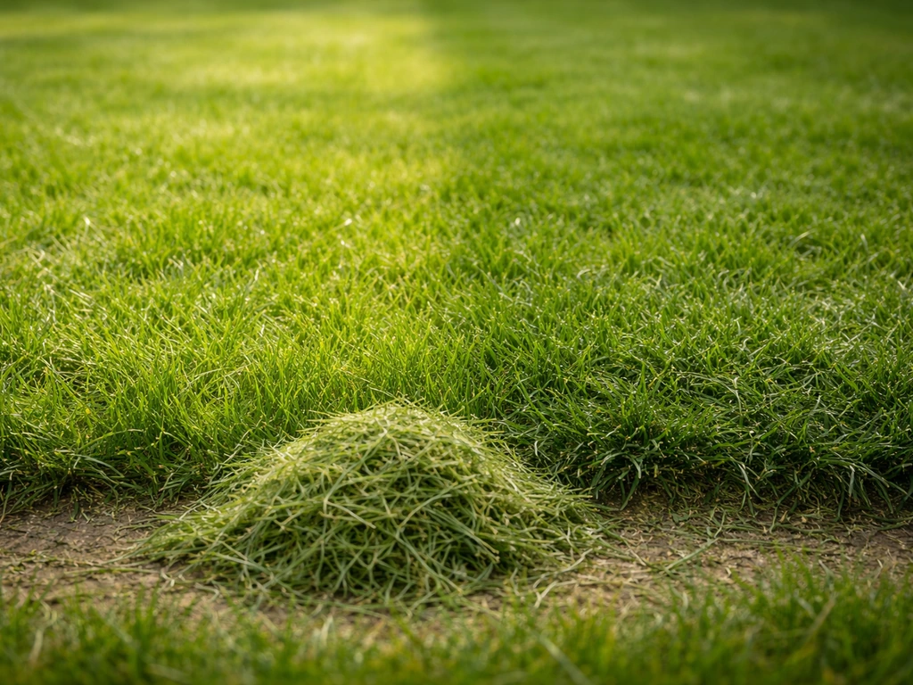 Tonte terminée : pelouse avec brins secs et bruns humides, tas d’herbe à ramasser sur sol clair