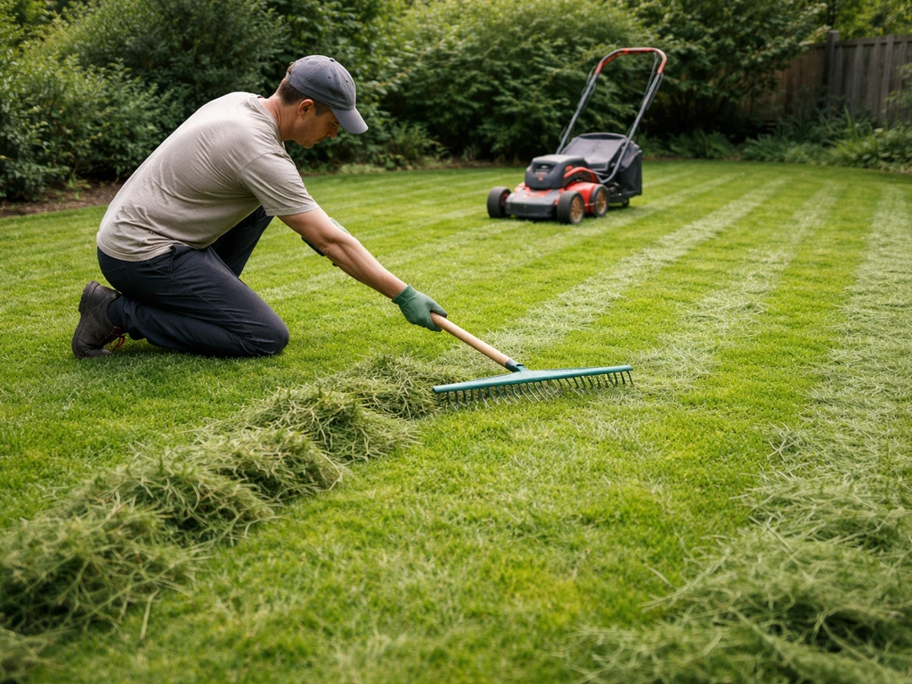 Personne anonyme rassemblant l’herbe coupée en andains avec un râteau, tondeuse derrière, jardin minimal.