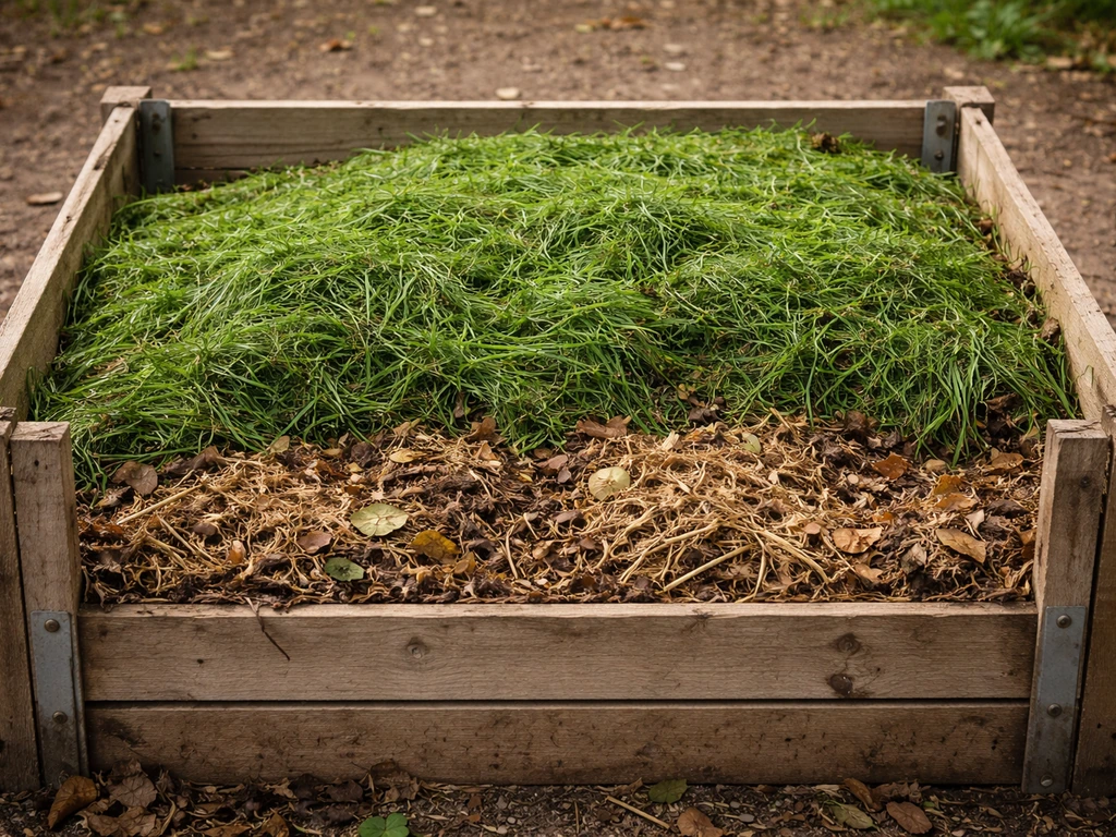 Tas de compost au jardin avec une couche d’herbe fraîche et de la matière sèche pour éviter la compaction.