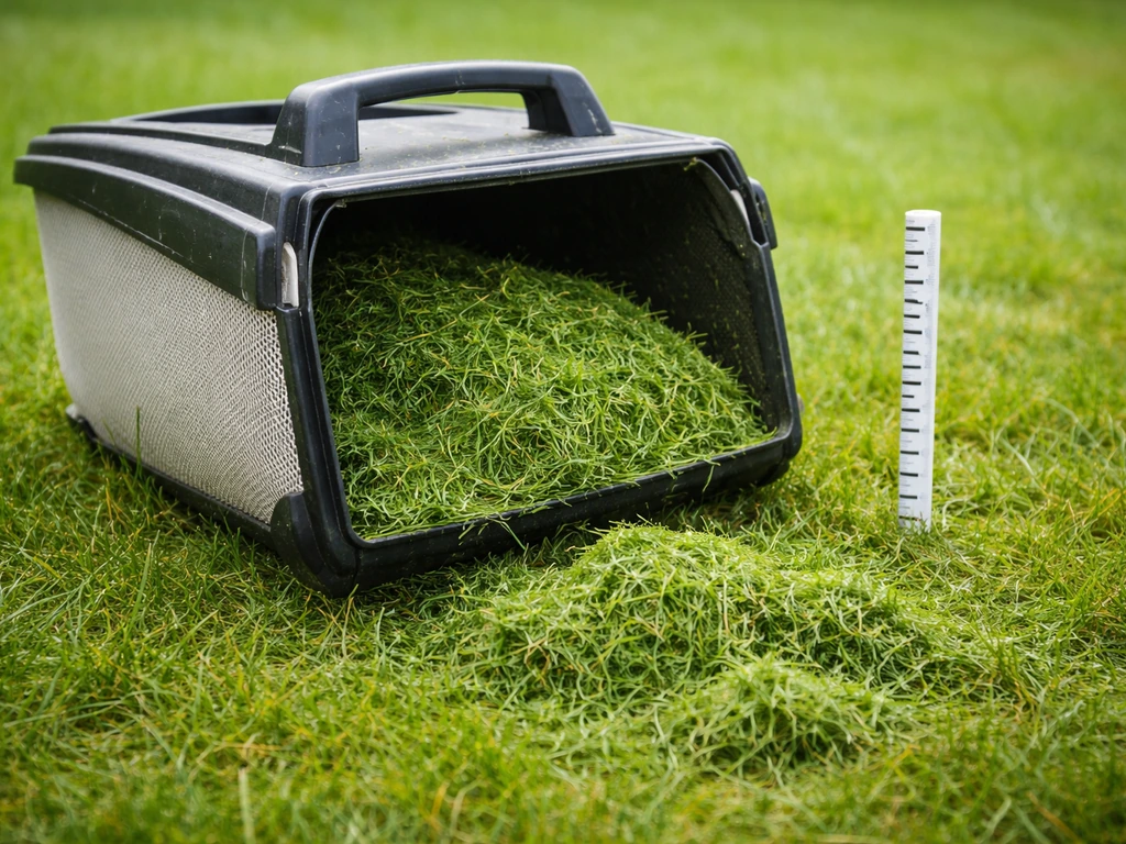 Bac collecteur de tondeuse avec herbe fraîche au sol, visuel du volume lié au poids de l’herbe coupée.