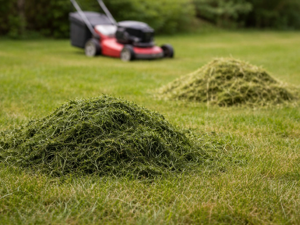 Tas d’herbe tondue fraîche encore humide à côté d’un petit tas d’herbe ayant commencé à ressuyer