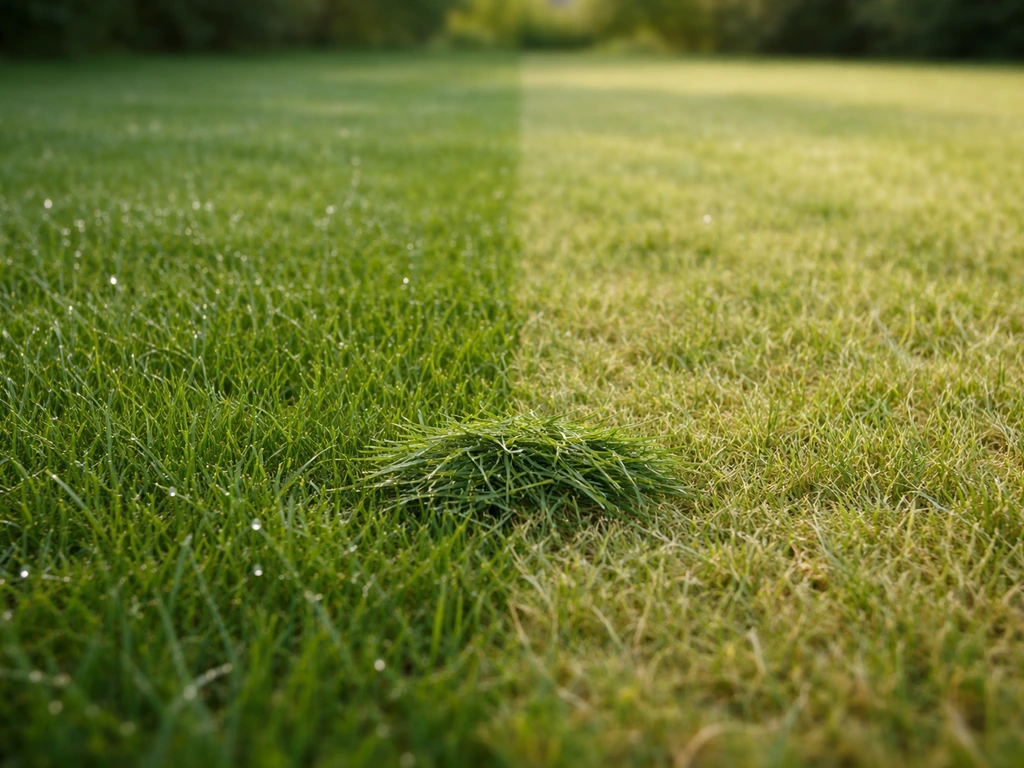Pelouse avec rosée et gouttes d’eau, herbe coupée au sol, lumière du matin, composition minimale.