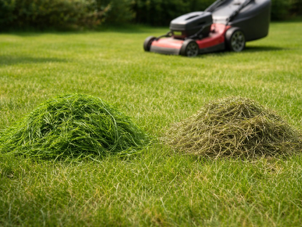 Deux petits tas d’herbe : fraîche verte et herbe ressuyée plus terne, sur une pelouse simple.