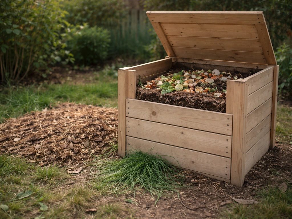 Composteur domestique en bois près d’un jardin, herbe fraîche mise à composter et couche de paillis à côté.